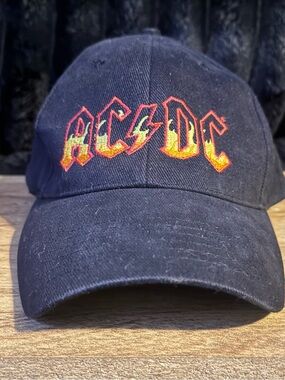 AC/DC Black Cap with Flame Logo in Red and Yellow